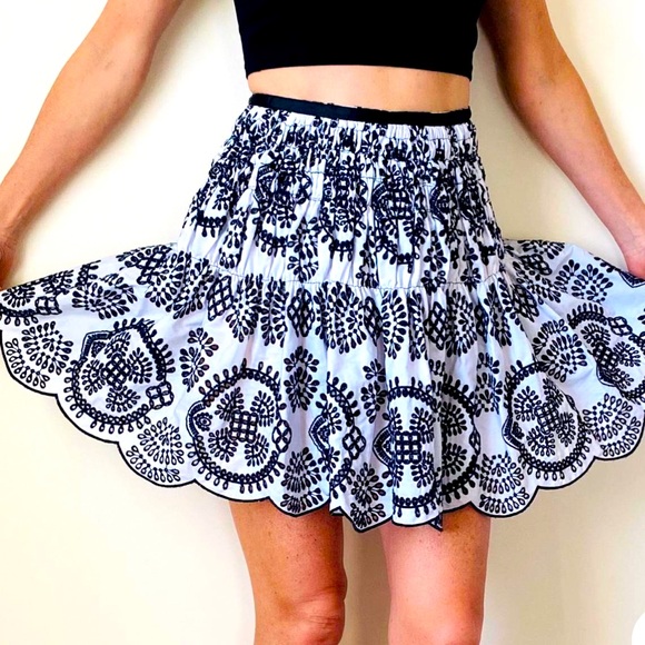 Zara Dresses & Skirts - Zara Woman White Black Broderie
Anglaise Smocked Embroidered Flared
Mini Skirt